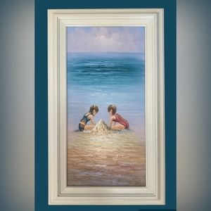 Oil on Canvas Girls Play Sandy Beach Ocean Art Framed ~P Watkins Signed Original